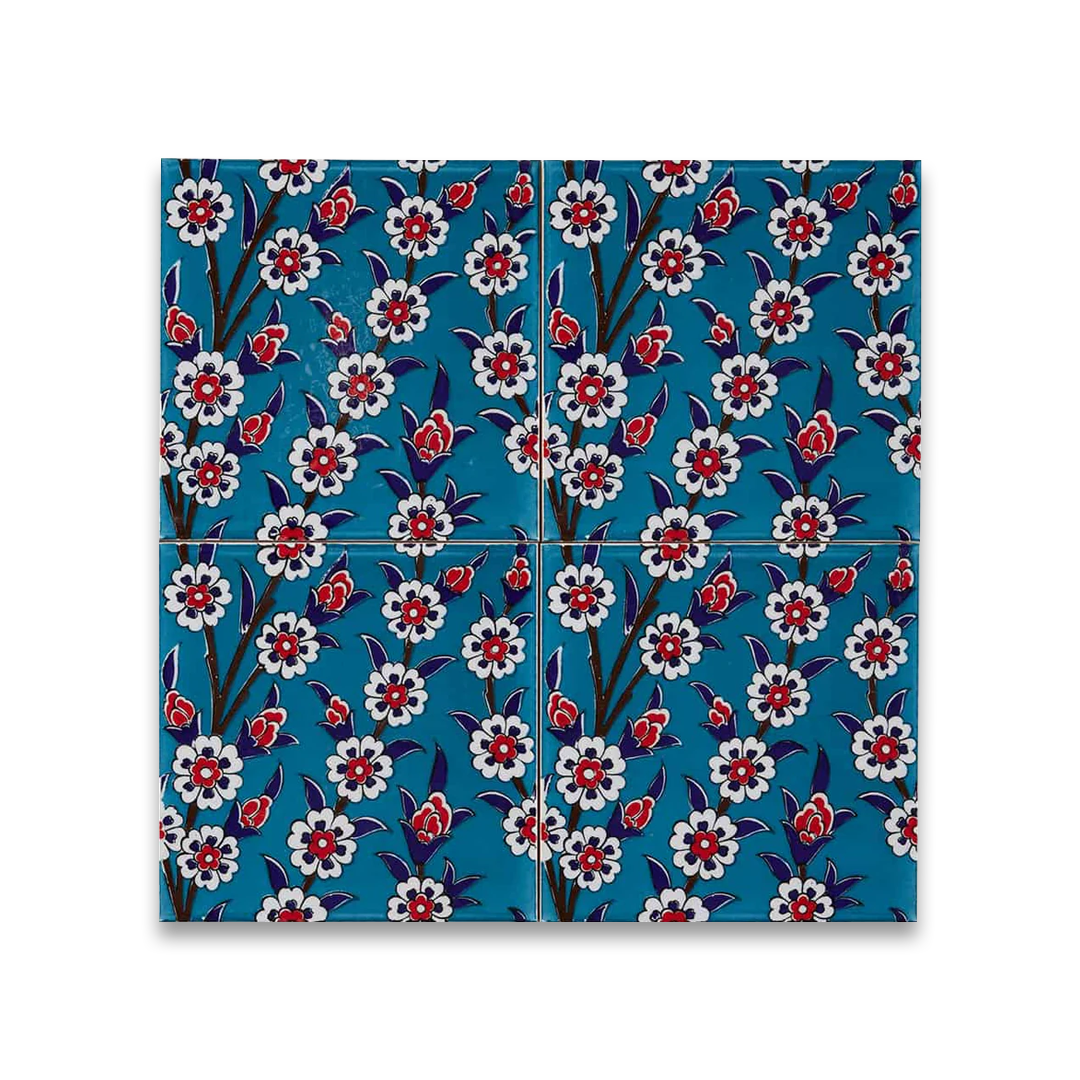 Floral patterned tiles on a blue background