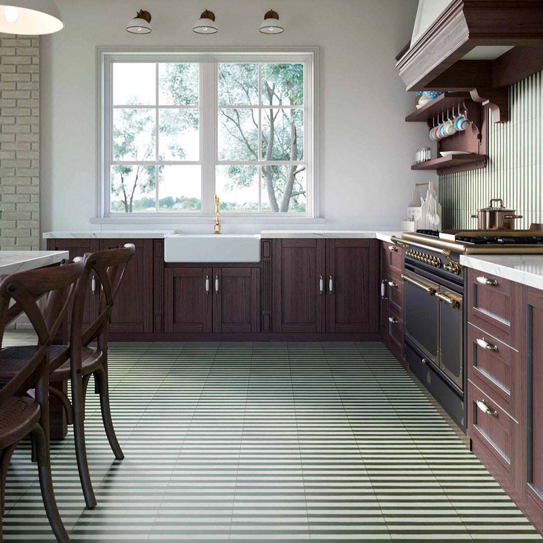 Square cement tile with alternating vertical green and white stripes, creating a clean, minimalist pattern.