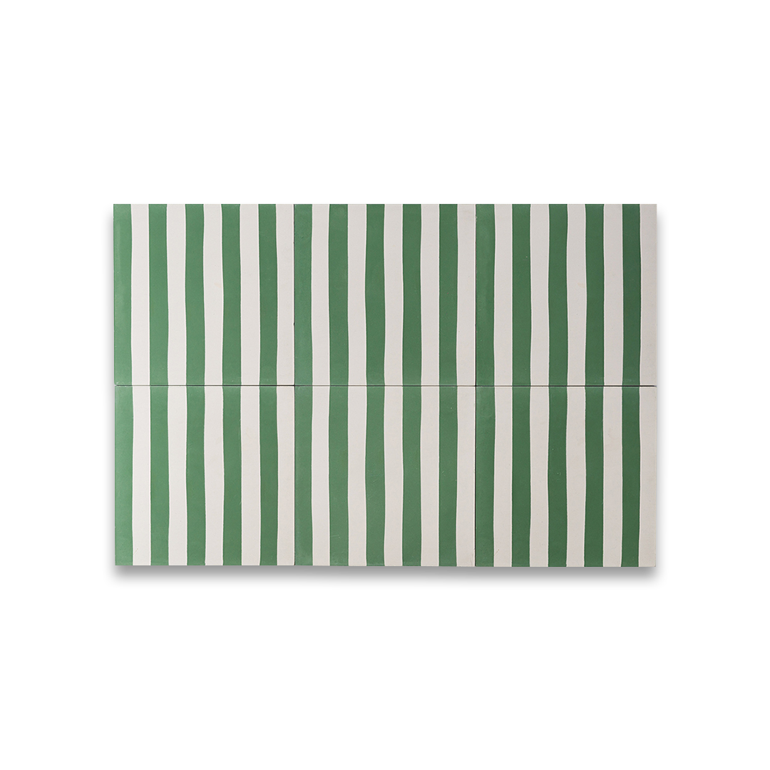 Square cement tile with alternating vertical green and white stripes, creating a clean, minimalist pattern.