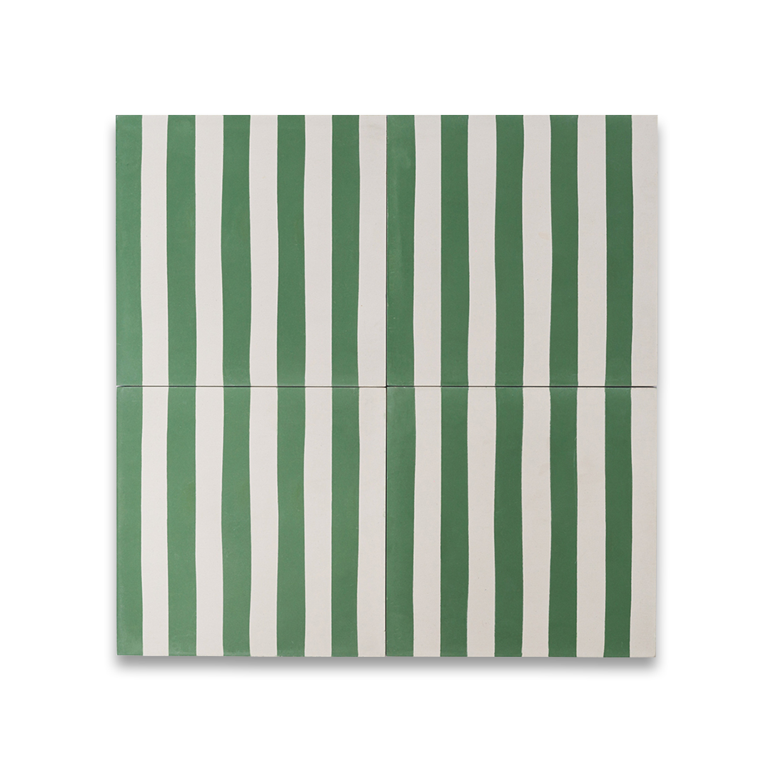 Square cement tile with alternating vertical green and white stripes, creating a clean, minimalist pattern.