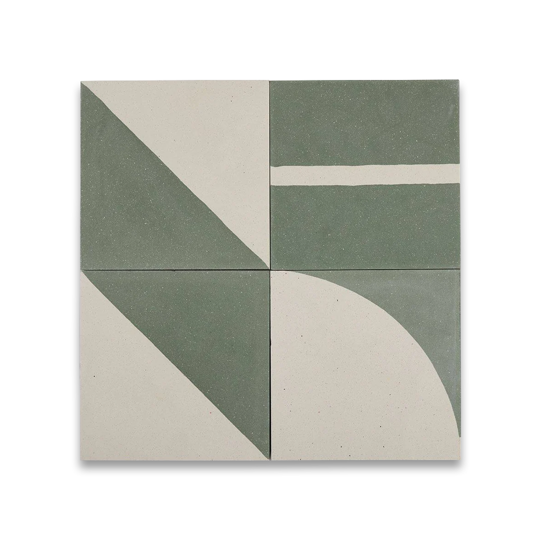Set of four square ceramic tiles in muted green and off-white, arranged in 2x2 grid with varied geometric shapes, forming a cohesive modern decorative interior pattern.