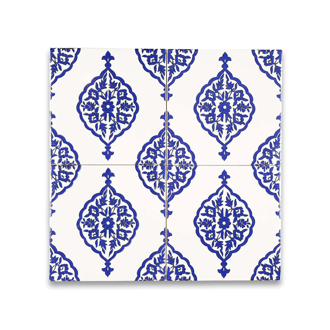 Decorative tiles with blue geometric pattern on a white background