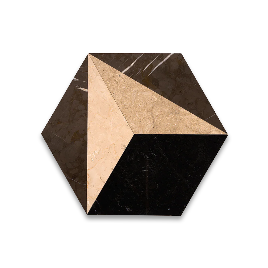 Hexagonal tile with brown, beige, and black marble pattern on a white background