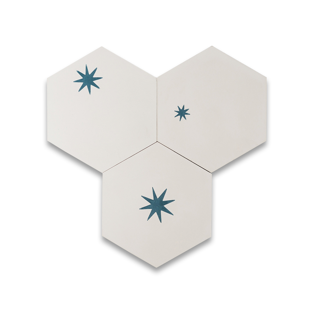 Celestial Hexa Star cement tile featuring a white hexagonal base with teal starburst motifs, ideal for artistic interiors, geometric flooring, and decorative wall applications in modern and vintage spaces.