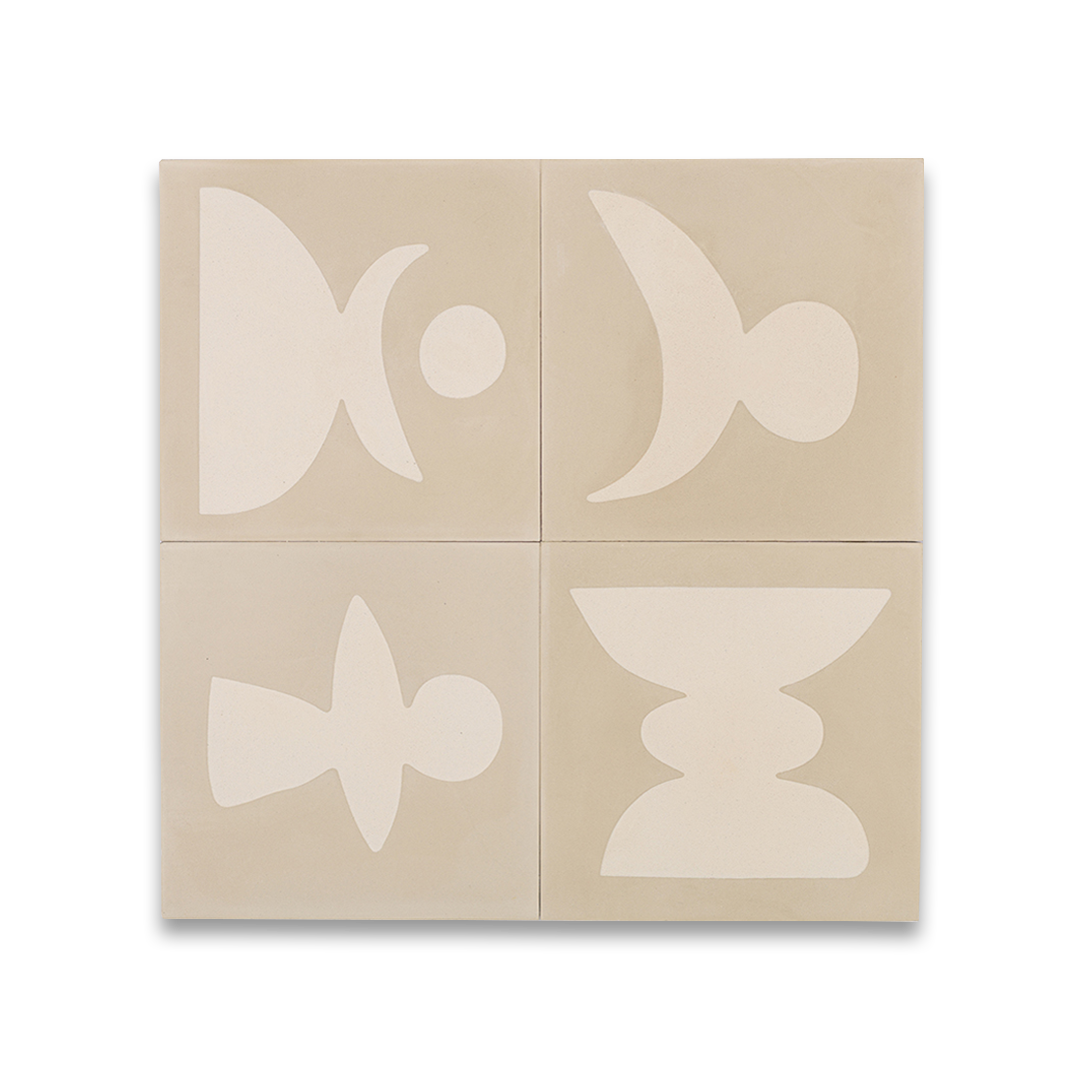 Four beige and cream geometric motifs resembling organic shapes and figures, ideal for modern interiors, artistic flooring, or contemporary wall decor.