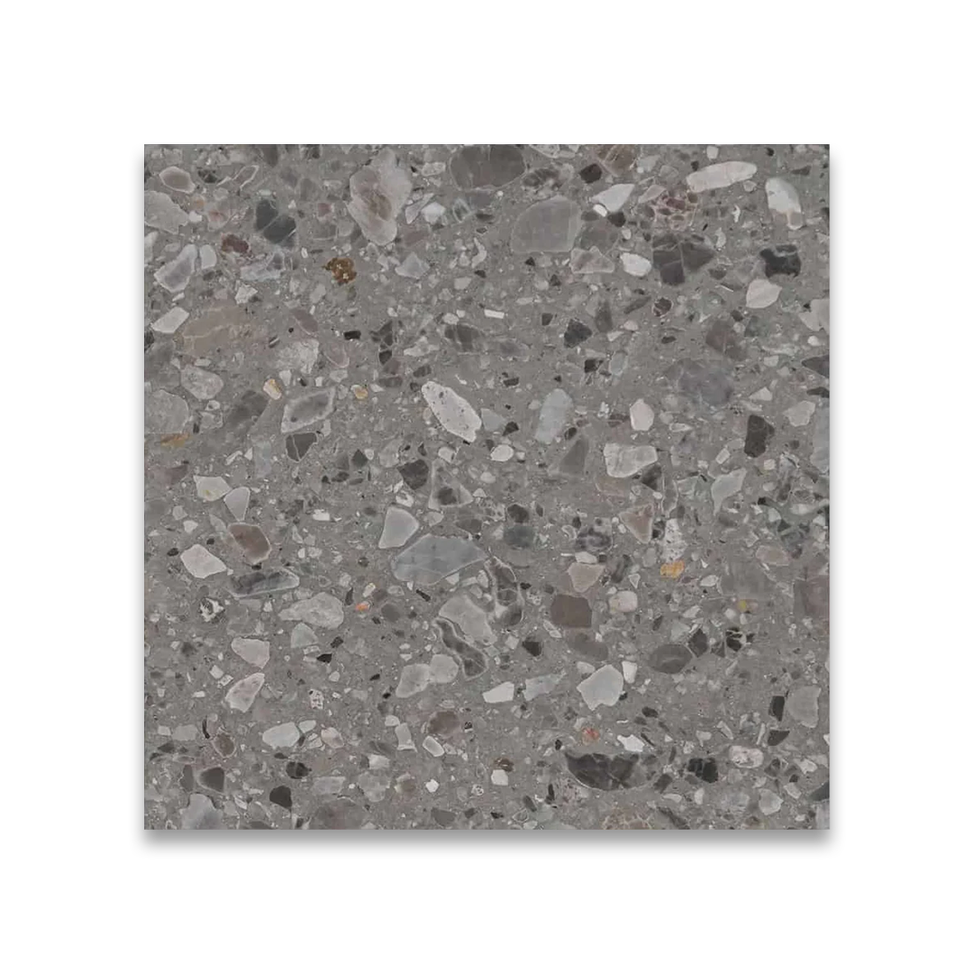Terrazzo tile with a gray and multicolor pattern.