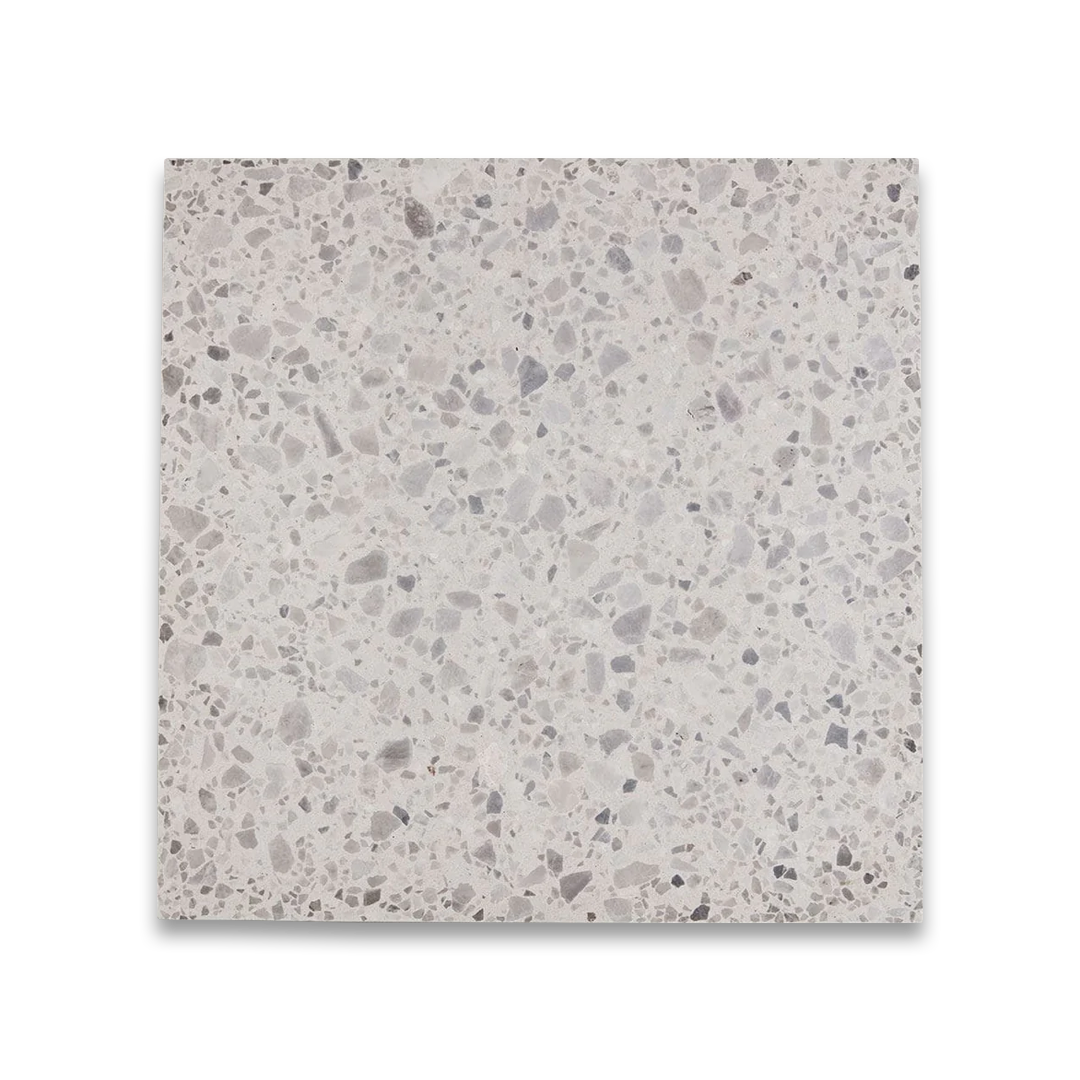 Light gray terrazzo tile surface with fine, evenly distributed stone chips in soft neutral tones.