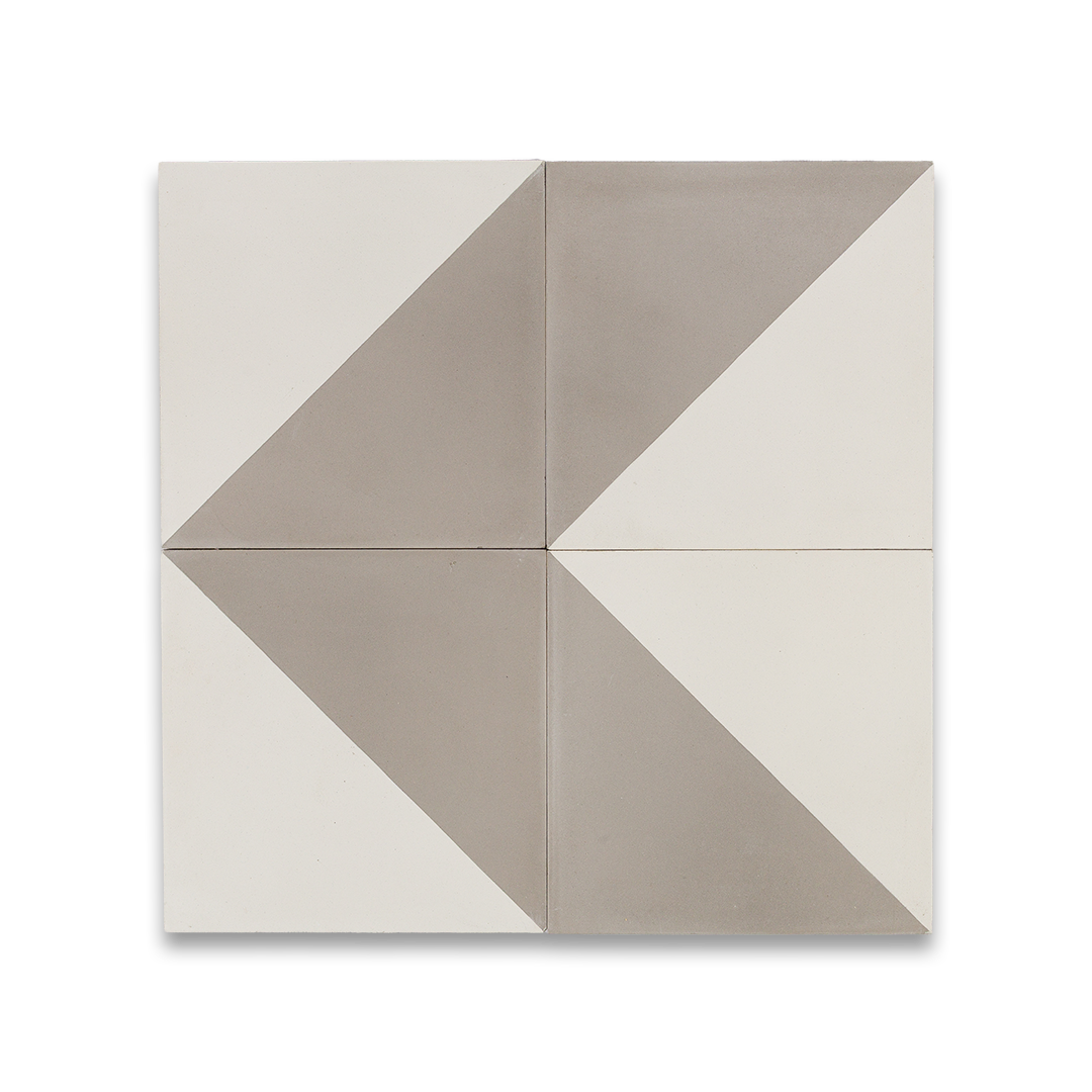 Square tile with geometric design in beige and white on a white background