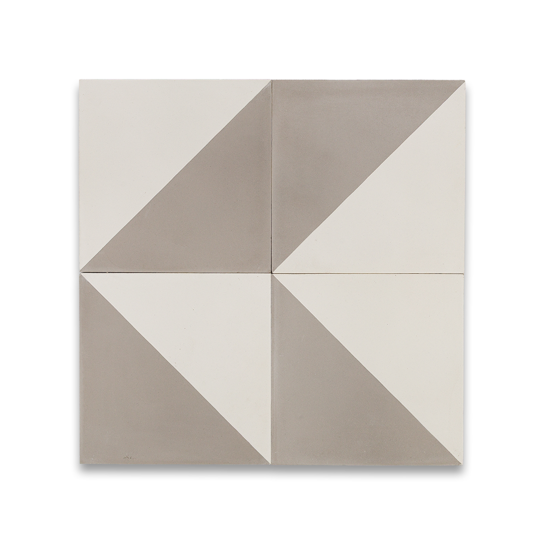 Square tile with geometric design in beige and white on a white background