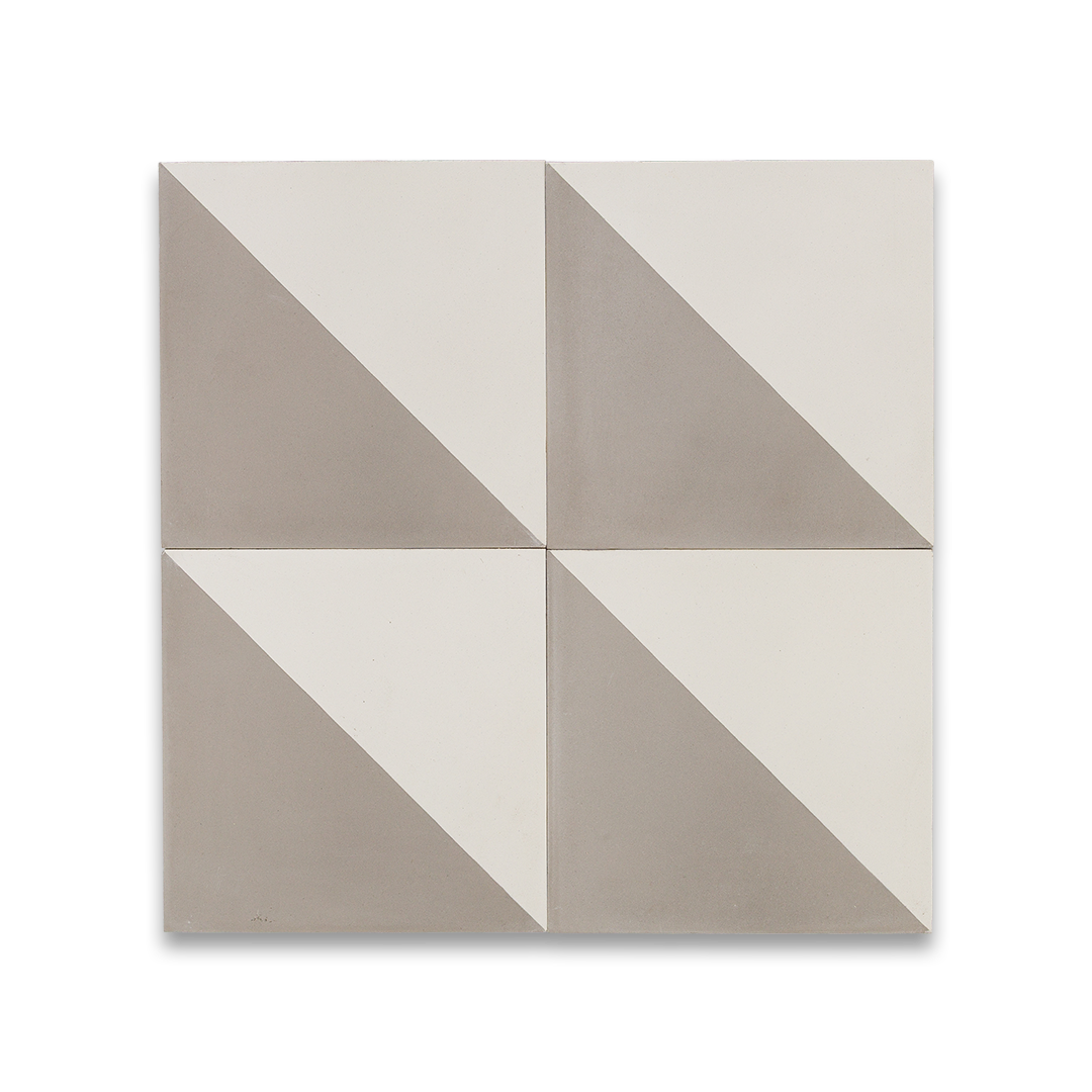 Geometric tile design with triangles in beige and white on a white background