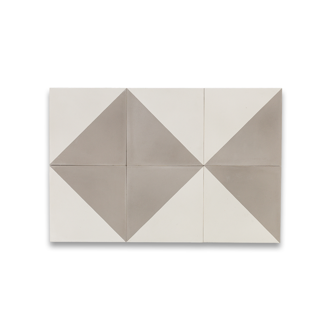 Geometric tile design with triangles in gray and white on a white background