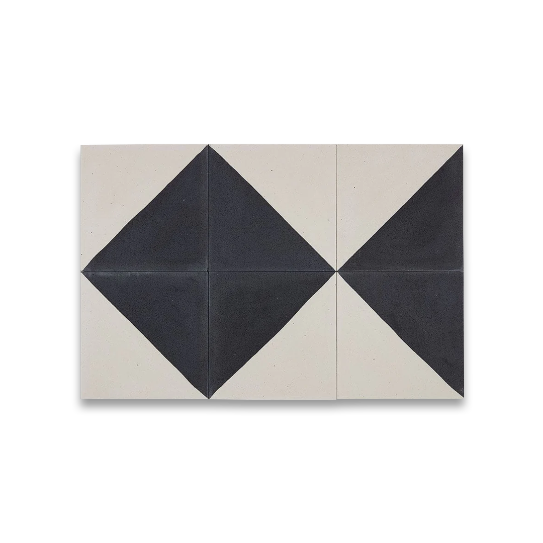 Square ceramic tile diagonally split into smooth off-white and speckled charcoal black halves, minimalist geometric design.