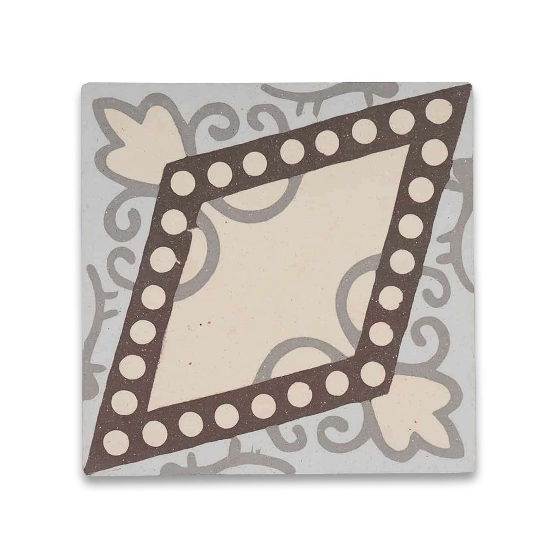 Square cement tile featuring a central diamond pattern with white circular dots and grey floral motifs on a beige background.