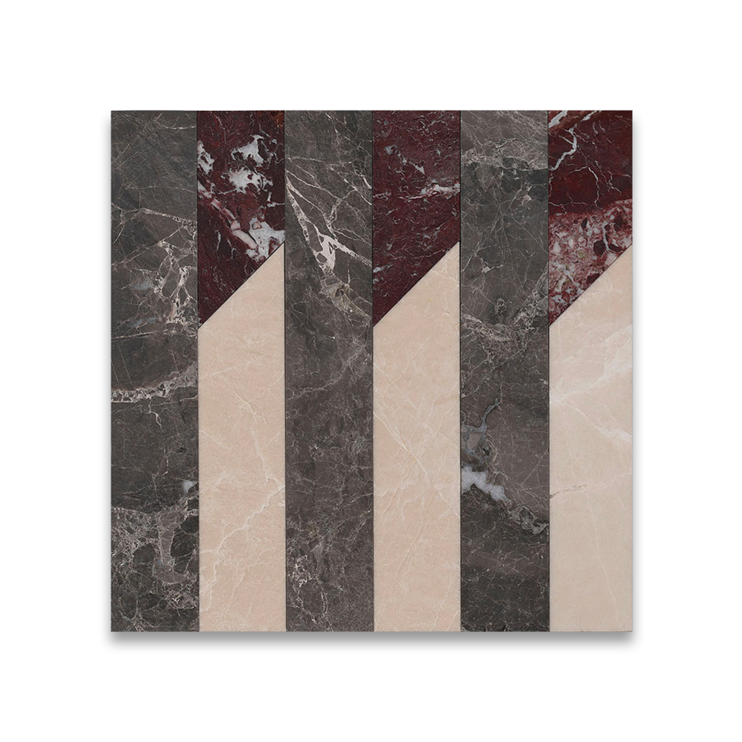 Geometric marble tile pattern with alternating beige, gray, and burgundy stone strips forming a modern decorative design.