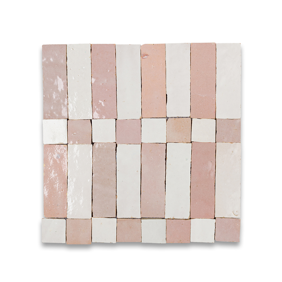A square arrangement of light pink and white rectangular tiles in a checkerboard pattern.