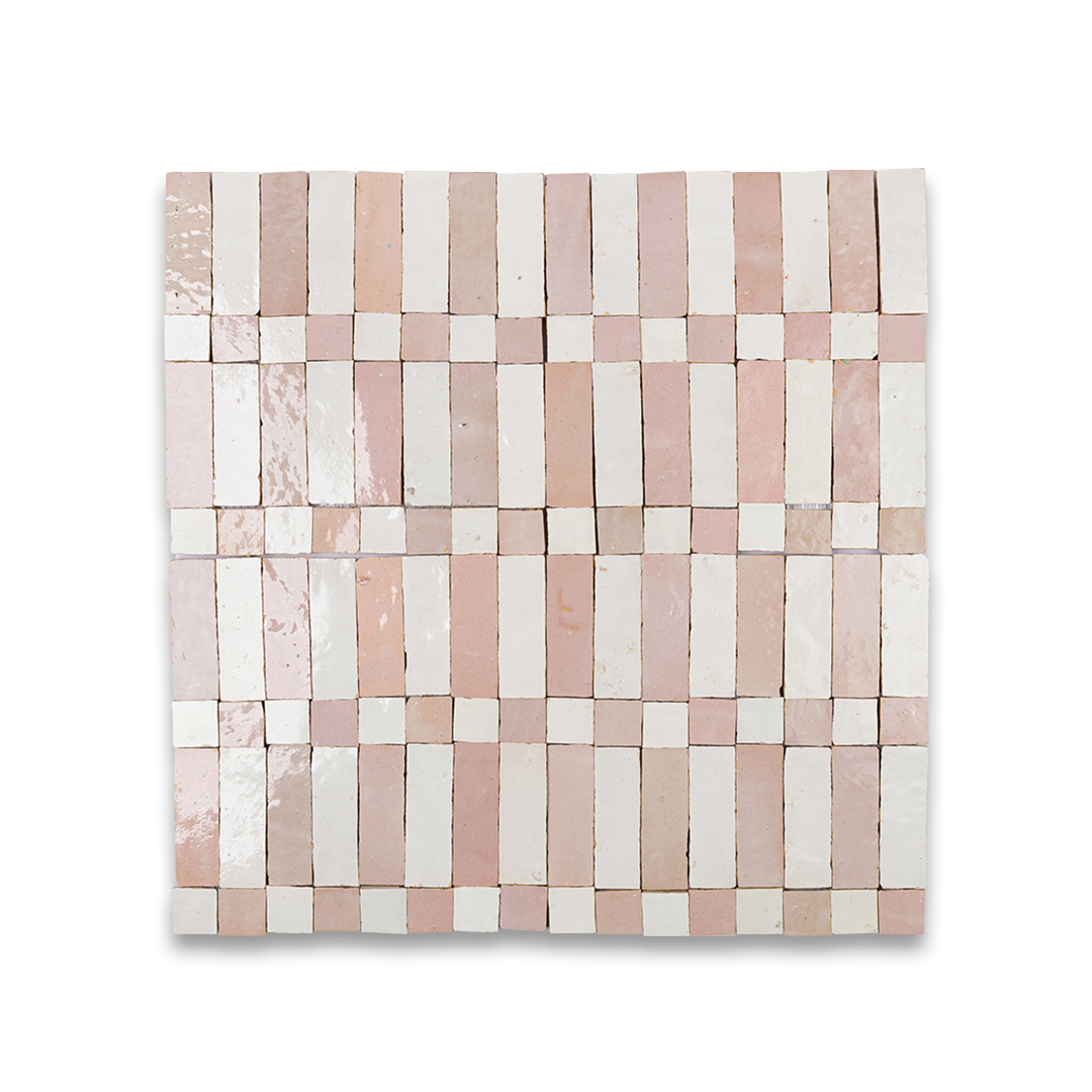 Mosaic tile pattern with pink and white tiles on a white background