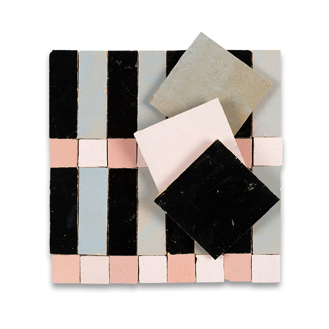 Mosaic tile sample with black, pink, and gray tiles on a white background
