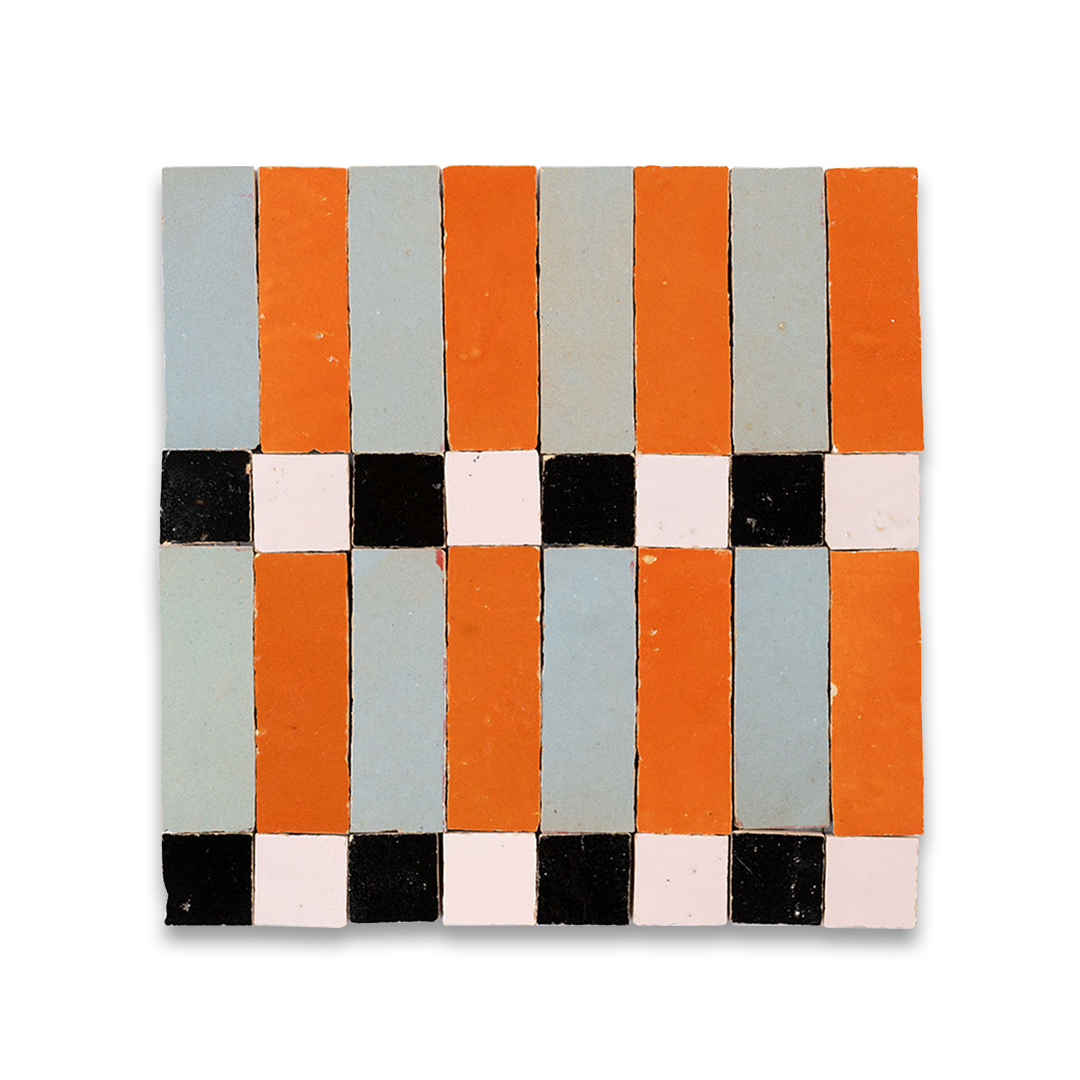 Square tile with a geometric pattern of orange, gray, black, and white squares on a white background