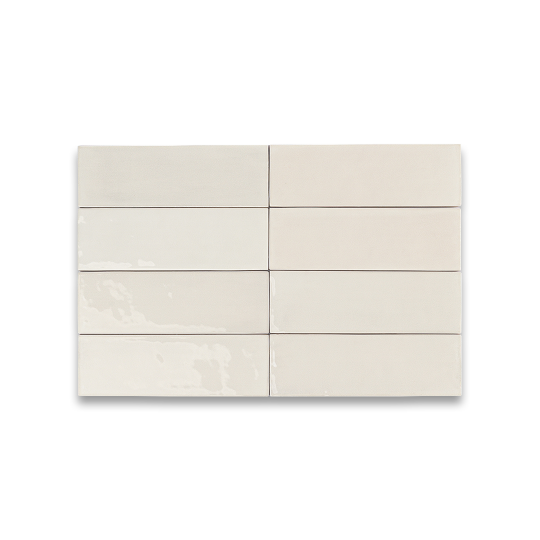 Set of six beige ceramic tiles on a white background