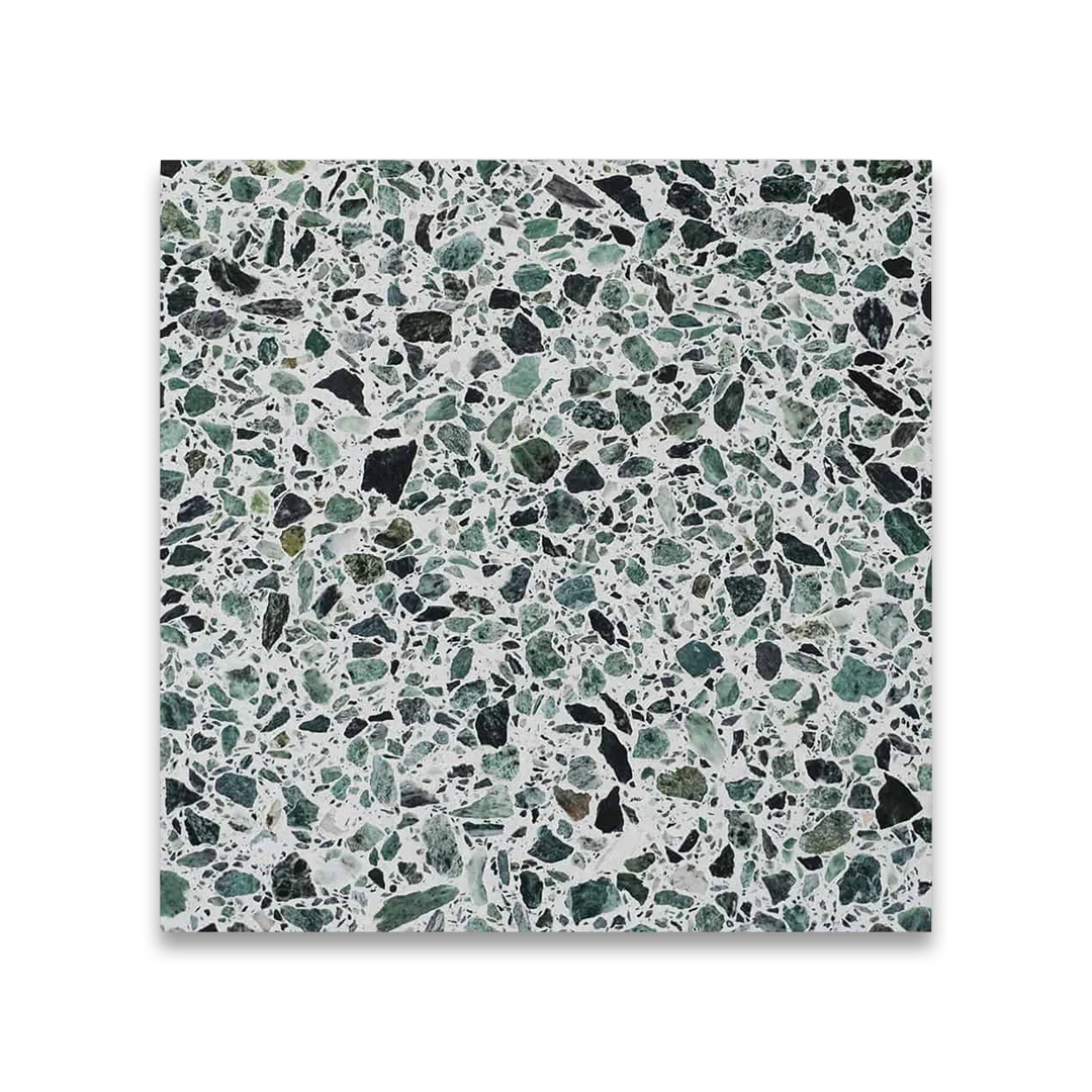Terrazzo pattern with green and black stones.