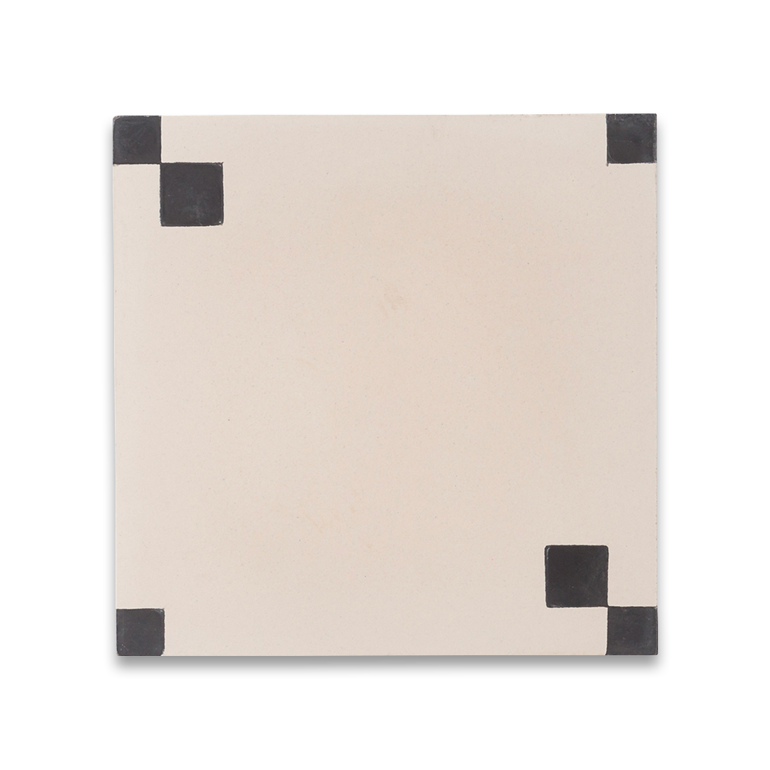 Noir Corner cement tile featuring a soft cream base with matte black corner squares, ideal for minimalist interiors, geometric flooring, and wall applications in modern contemporary spaces.