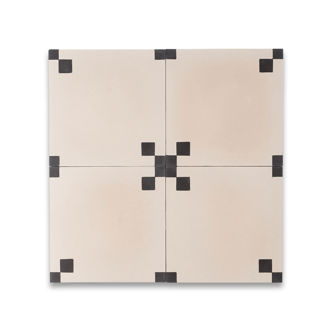 Noir Corner cement tile featuring a soft cream base with matte black corner squares, ideal for minimalist interiors, geometric flooring, and wall applications in modern contemporary spaces.