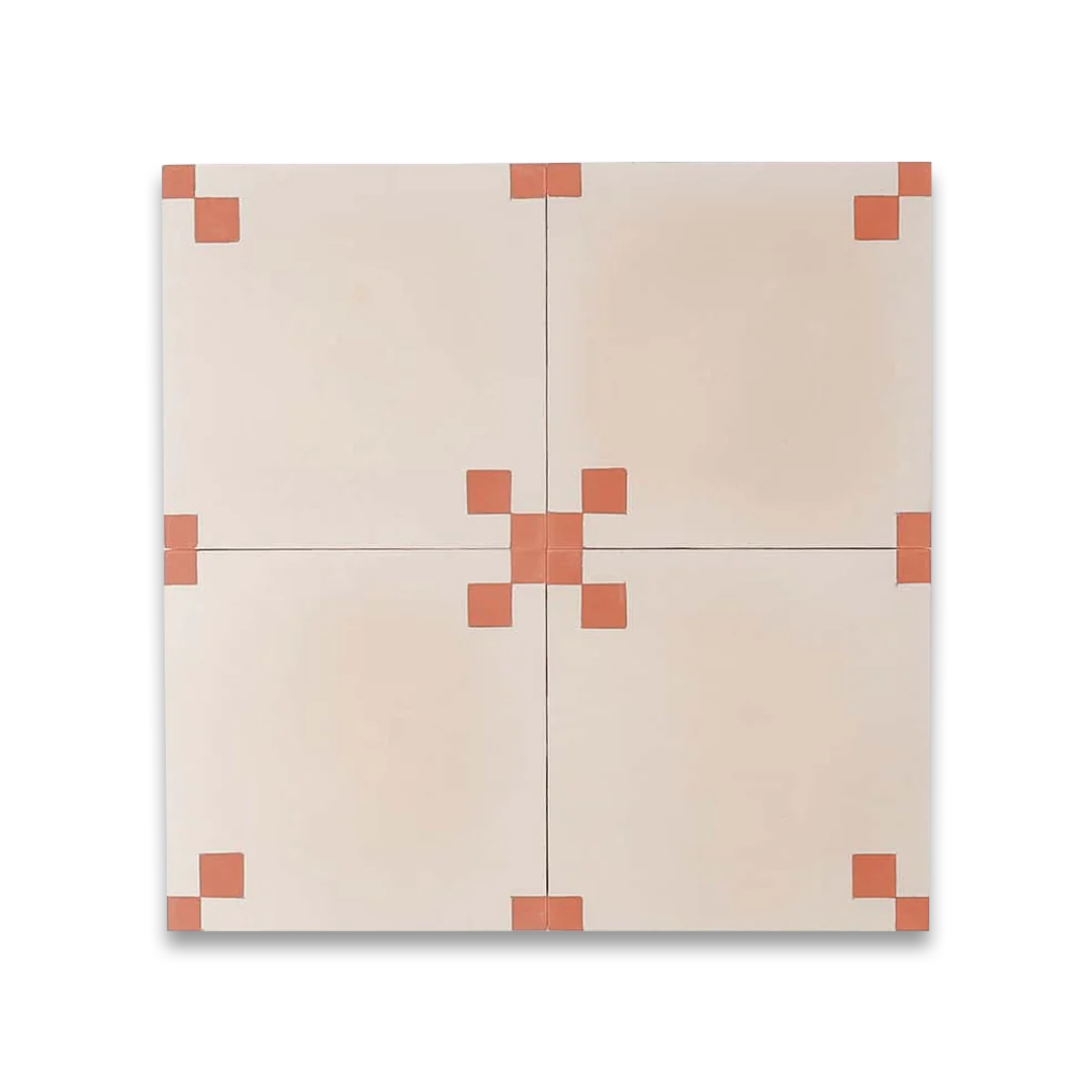 Terracotta Corner cement tile featuring a soft cream base with warm terracotta corner squares, ideal for Mediterranean interiors, patterned flooring, and wall applications in contemporary spaces.