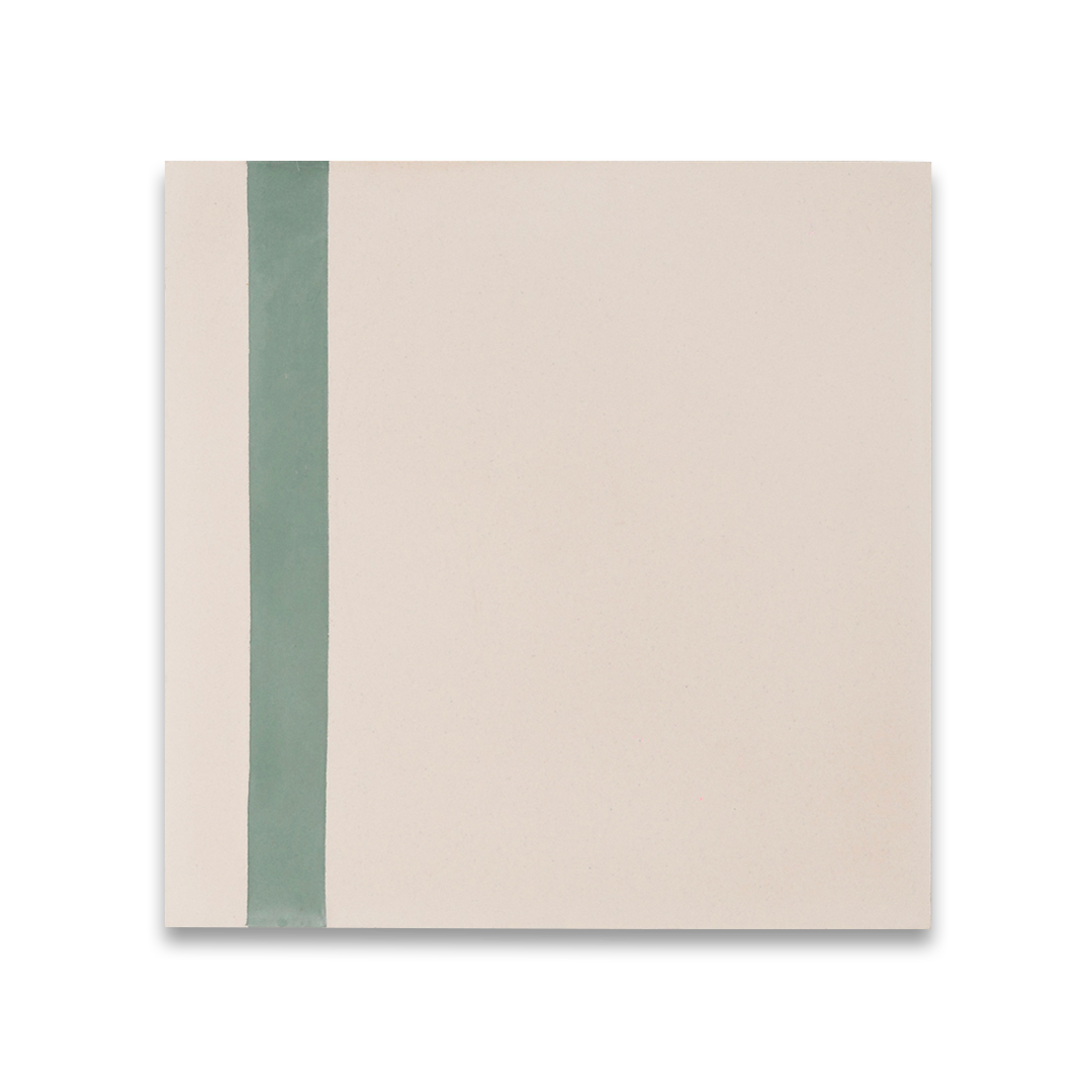 A decorative tile featuring a smooth soft beige background complemented by a bold green accent stripe, perfect for modern interior designs.
