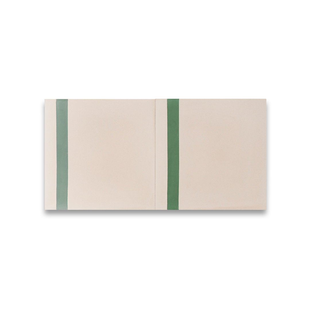 A decorative tile featuring a smooth soft beige background complemented by a bold green accent stripe, perfect for modern interior designs.