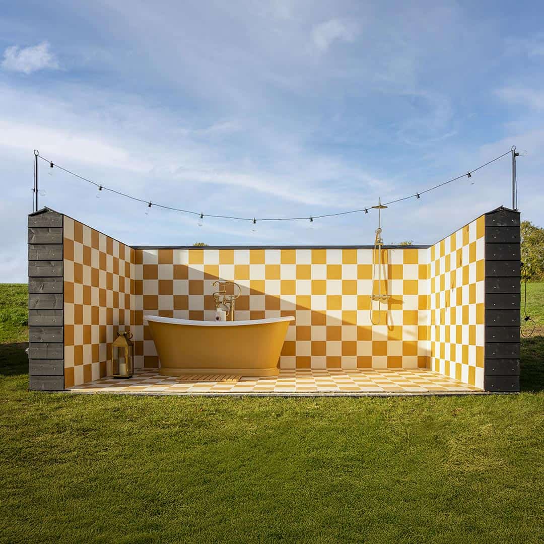 Square cement tile design in solid ochre yellow color with a smooth matte finish, ideal for modern flooring, wall cladding, kitchen backsplashes, or Mediterranean-style interiors.