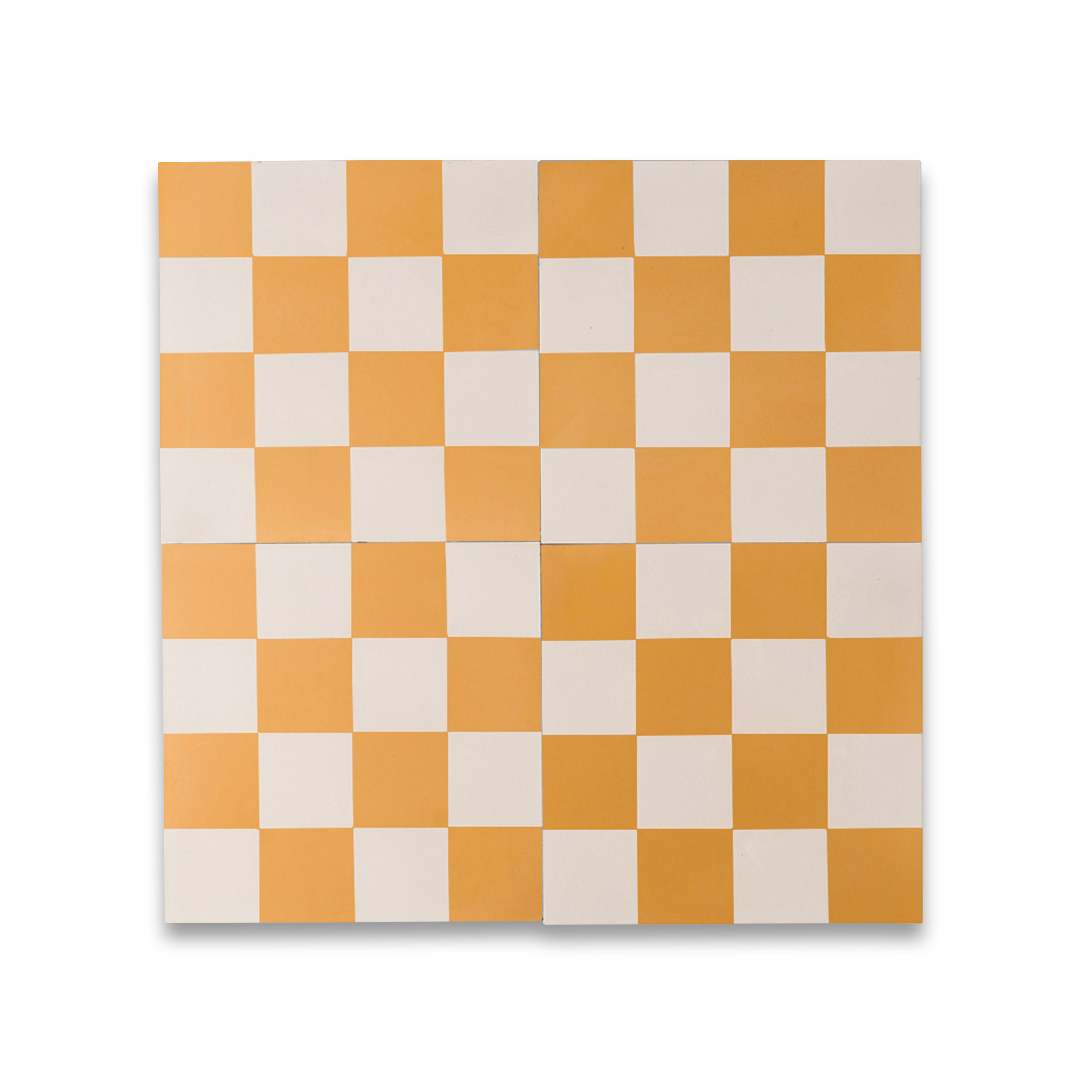 Square cement tile design featuring a mustard yellow and white checkerboard pattern with a matte finish, ideal for retro flooring, kitchen backsplashes, or Mediterranean-inspired interiors.