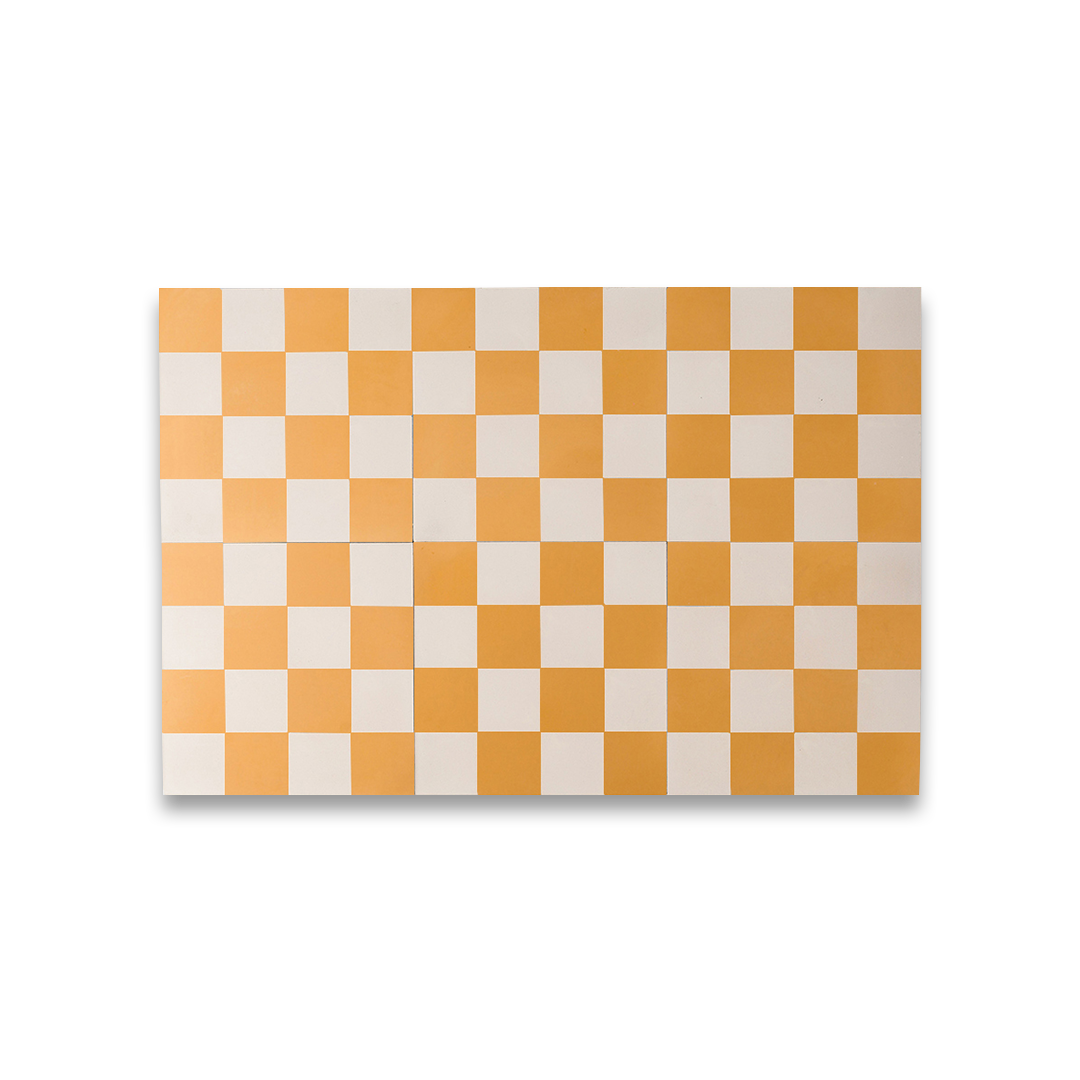 Square cement tile design featuring a mustard yellow and white checkerboard pattern with a matte finish, ideal for retro flooring, kitchen backsplashes, or Mediterranean-inspired interiors.