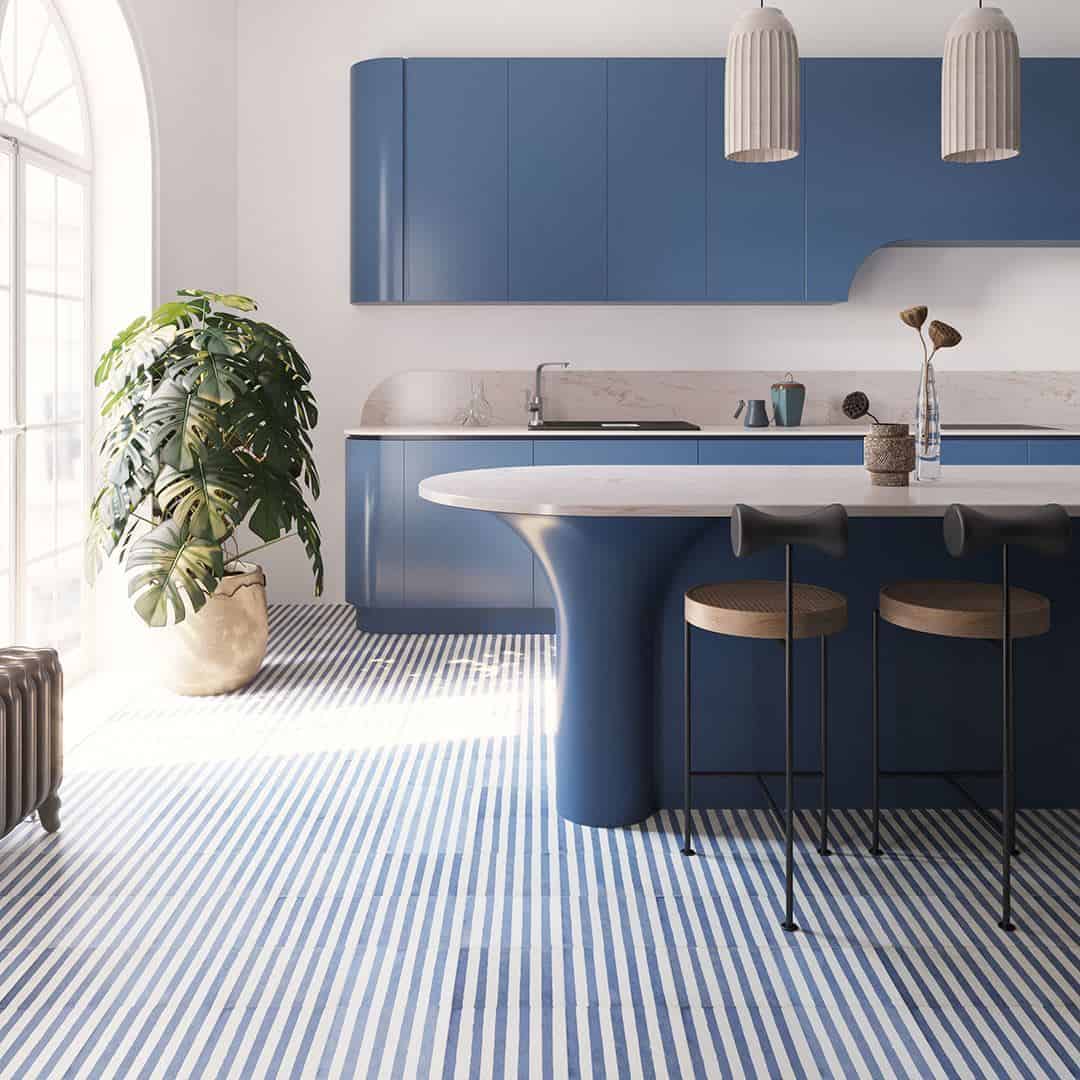 Square blue metro cement tile featuring alternating vertical navy and white stripes with a matte finish, ideal for modern flooring, wall décor, and contemporary interior design applications.