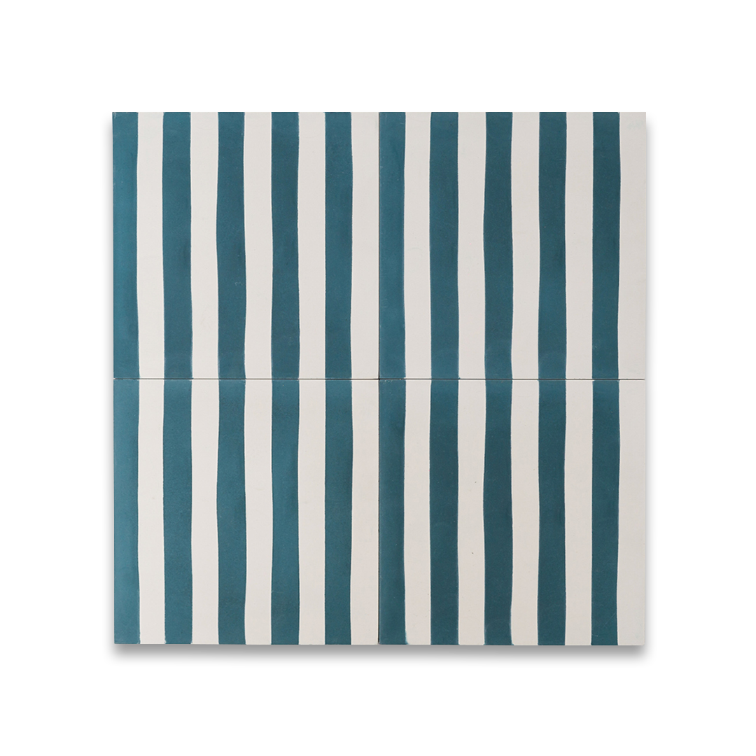 Square blue metro cement tile featuring alternating vertical navy and white stripes with a matte finish, ideal for modern flooring, wall décor, and contemporary interior design applications.