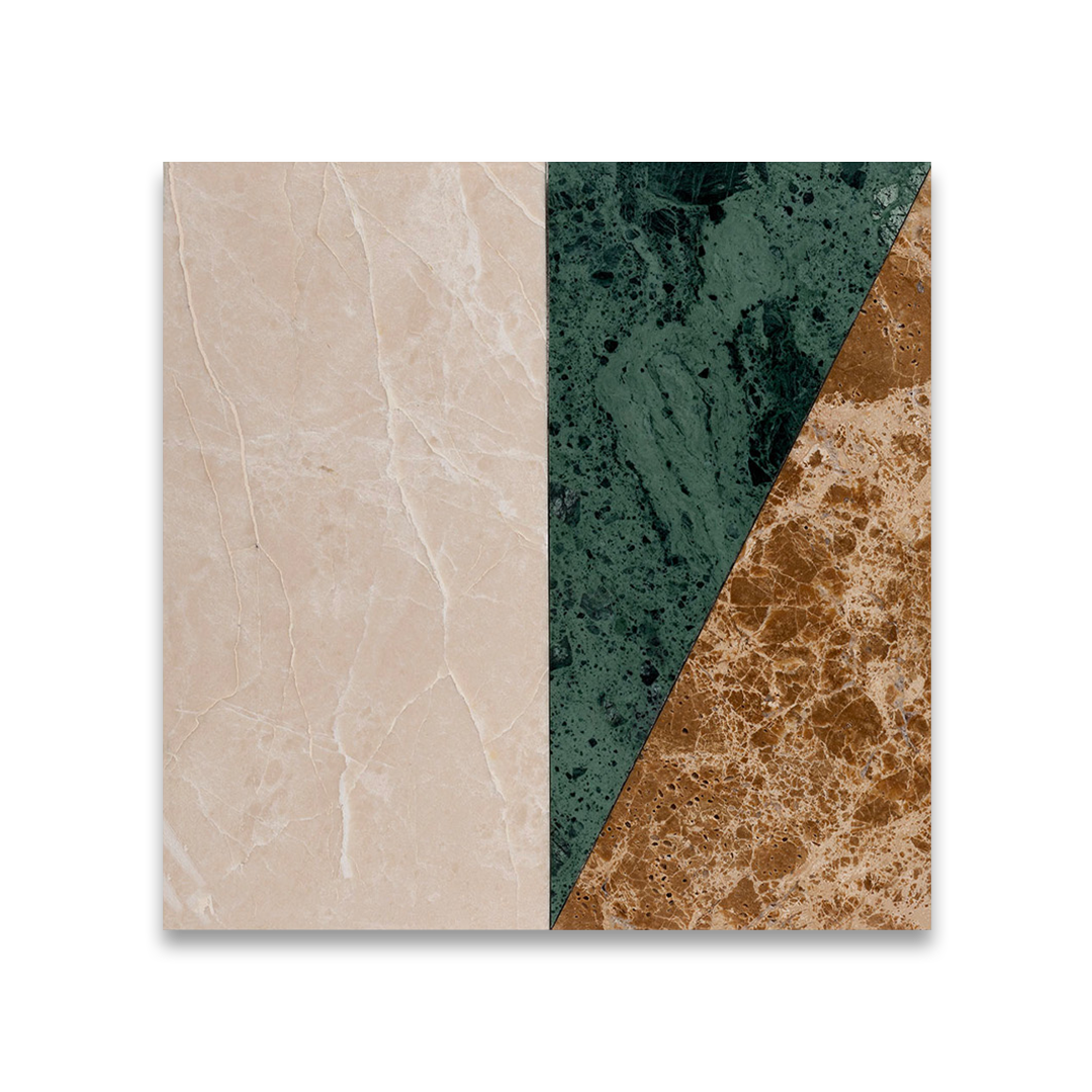 Decorative wall art with marble patterns in beige, green, and brown.