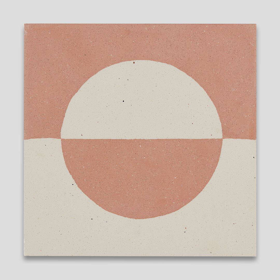 A square cement tile featuring a minimalist geometric design with a terracotta and cream color palette, displaying a half-circle pattern resembling a rising or setting sun.