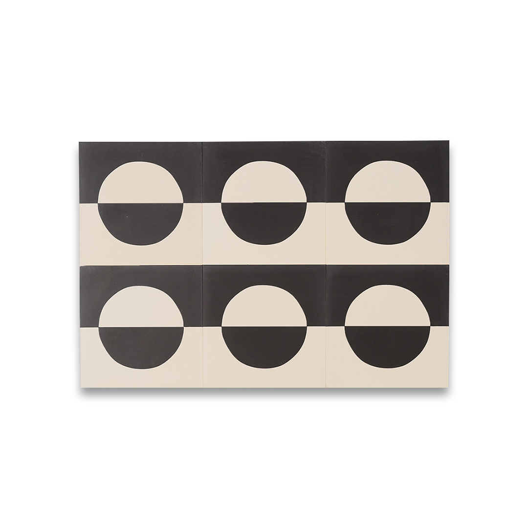 Black and white geometric cement tile featuring a bold circular half-moon pattern, minimalist modern design, matte finish, ideal for contemporary flooring, wall décor, and architectural interior applications.