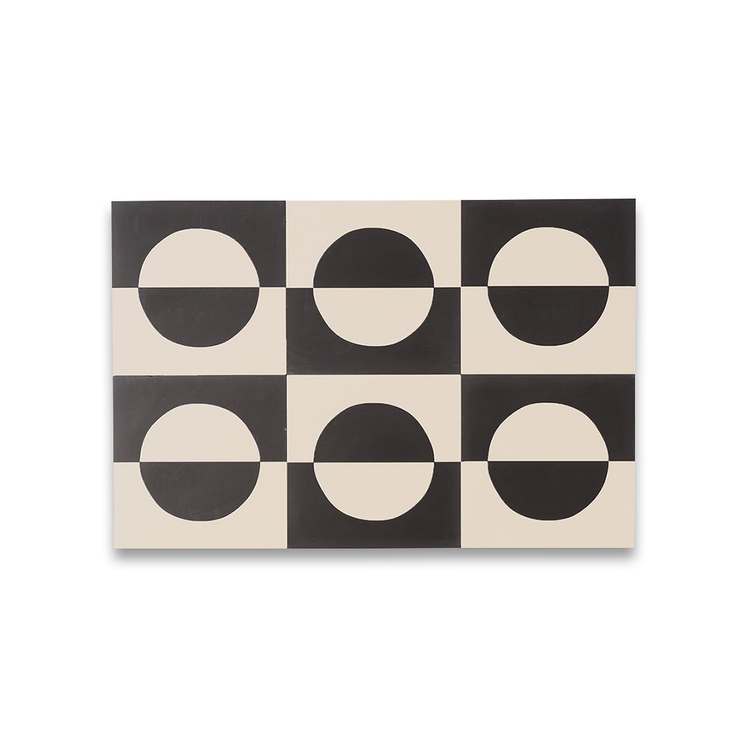 Black and white geometric cement tile design featuring a bold circular half-moon motif divided horizontally, minimalist modern aesthetic, matte finish, ideal for contemporary flooring, wall décor, and architectural interiors.