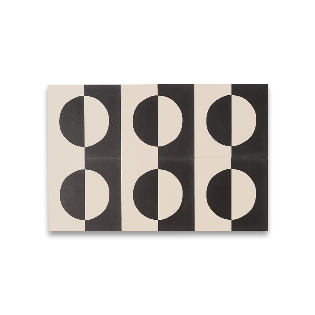 Black and white geometric cement tile featuring a bold circular half-moon pattern, minimalist modern design, matte finish, ideal for contemporary flooring, wall décor, and architectural interior applications.