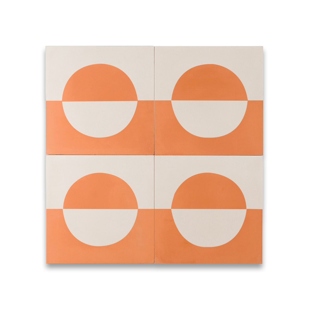 Square cement tile design featuring a bold geometric pattern with a half-circle motif in orange and white tones, ideal for modern flooring, wall decor, or contemporary interiors.