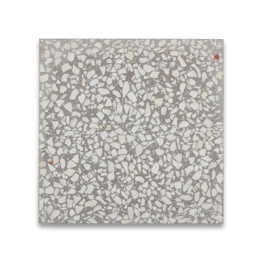 Light gray terrazzo tile surface with fine, evenly distributed stone chips in soft neutral tones.