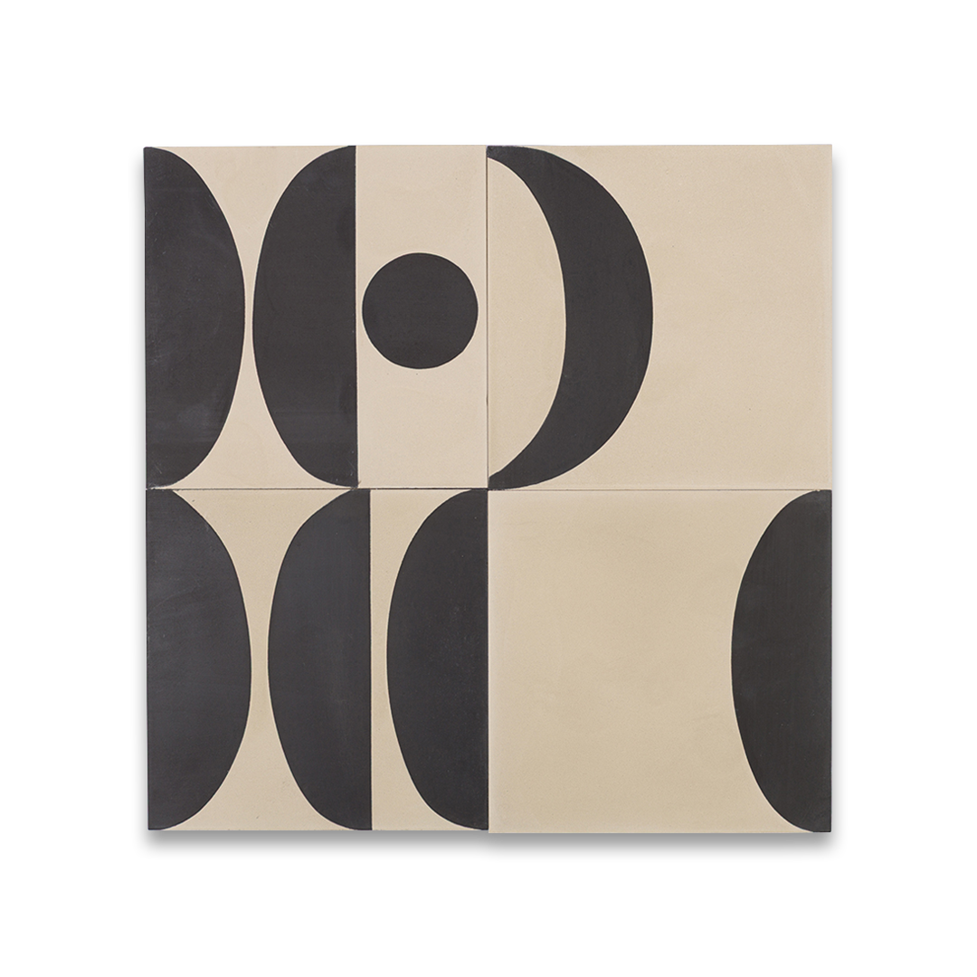 A bold black geometric shapes on a beige background, forming abstract circular and curved patterns, ideal for modern interiors, artistic flooring, or contemporary wall decor.