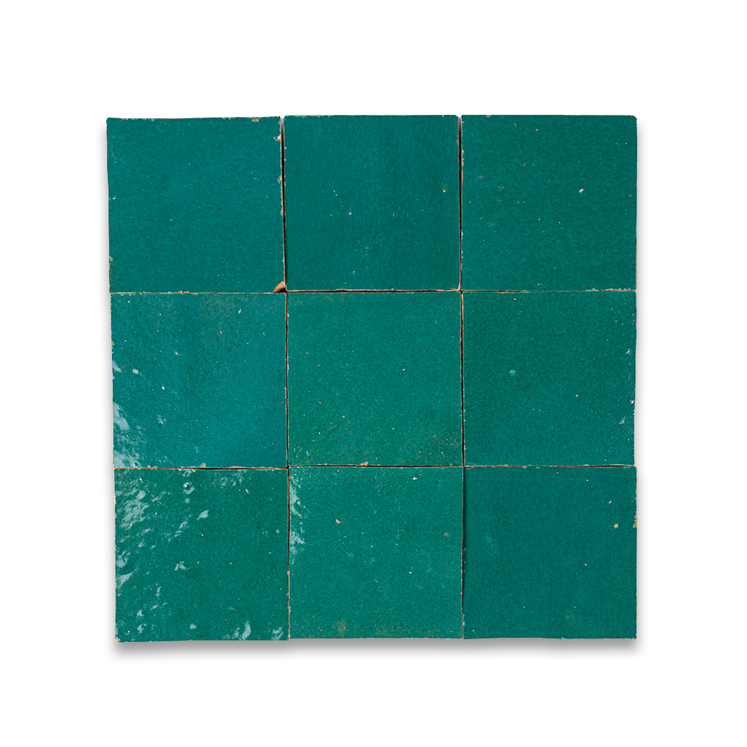 Teal ceramic tiles arranged in a 3×3 grid with subtle texture and thin grout lines.
