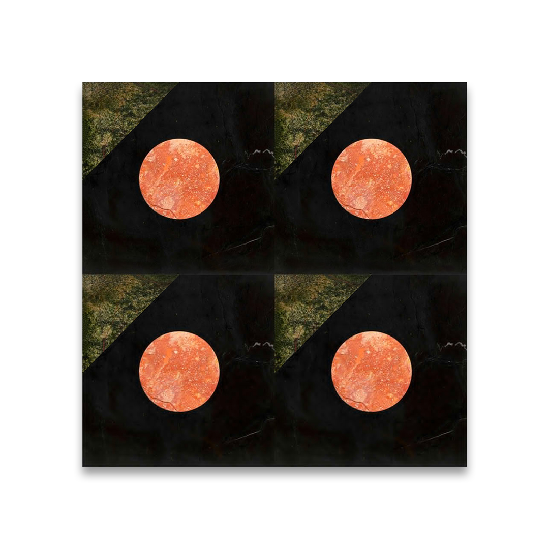 Four orange circular objects on a black and green abstract background