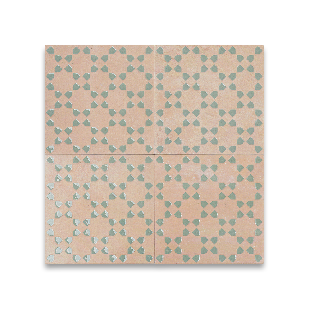 Patterned tiles with a geometric design on a beige background