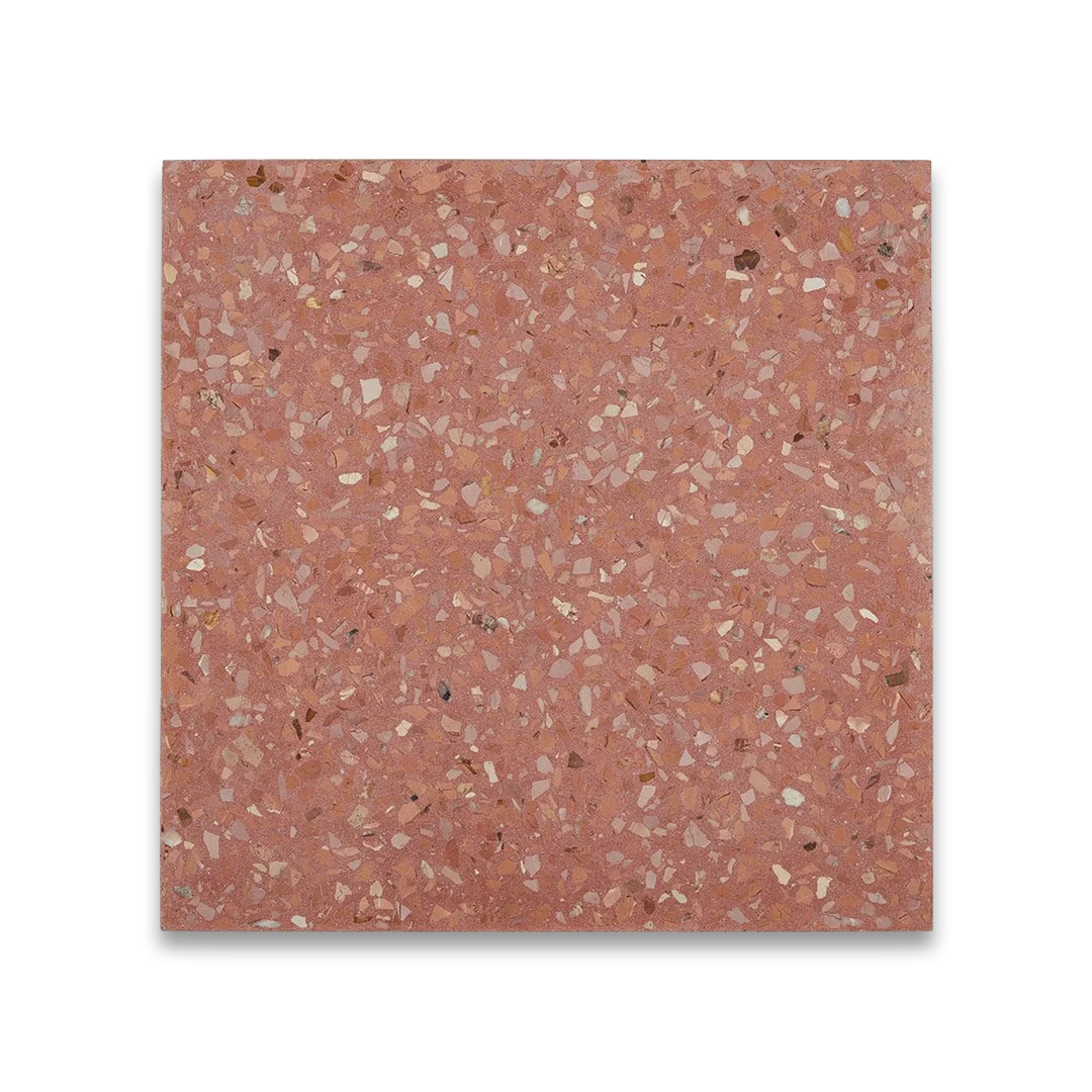 Terrazzo-style square tile with a pinkish-brown color and speckled pattern on a white background