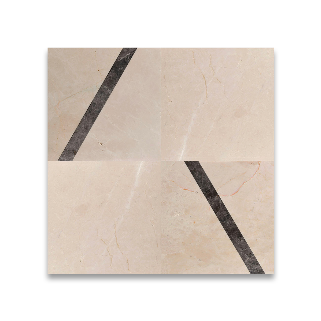 Beige marble tile with black veining on a white background