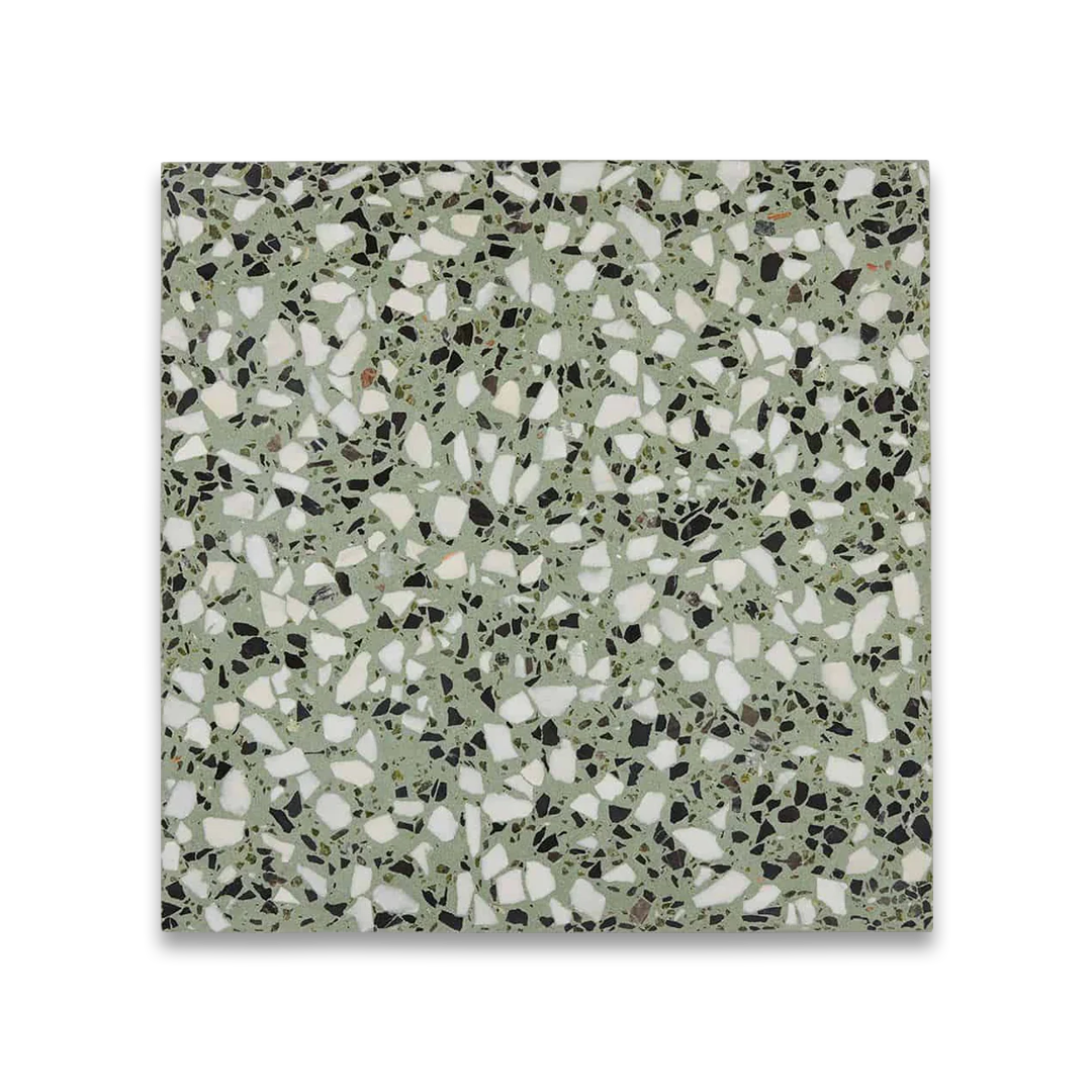 Terrazzo patterned tile with a green and white color scheme on a white background