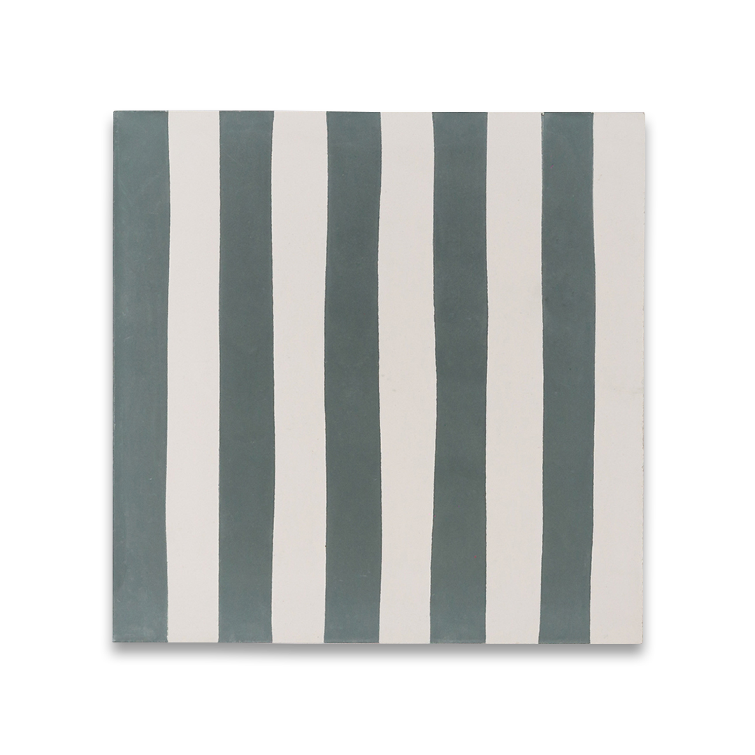 Square green metro cement tile featuring alternating vertical navy blue and white stripes with a matte finish, ideal for modern flooring, wall cladding, and contemporary interior design applications.