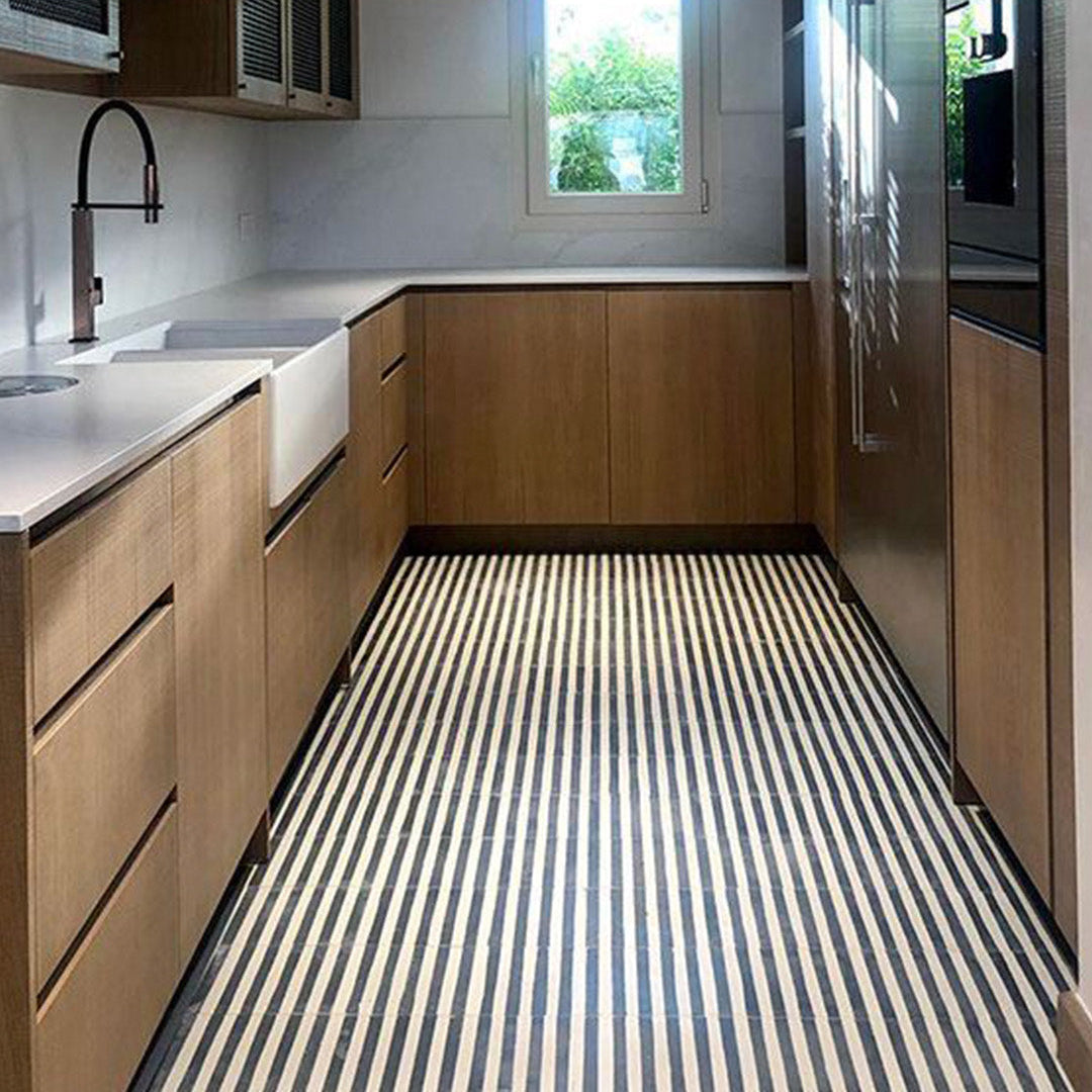 Square green metro cement tile featuring alternating vertical navy blue and white stripes with a matte finish, ideal for modern flooring, wall cladding, and contemporary interior design applications.